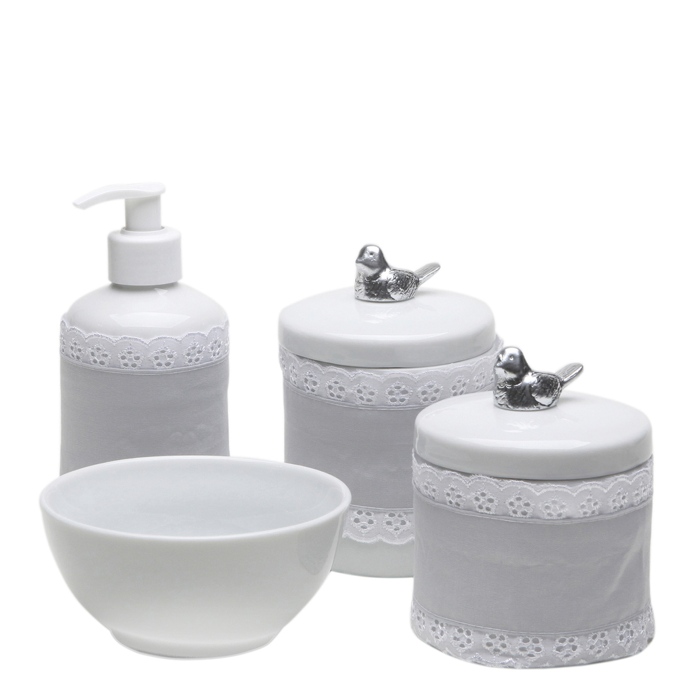 Potes, Molhadeira e Porta Álcool-Gel Com Capa Passarinho Prata Quarto Bebê Infantil Menina Menino Potes, Molhadeira e Porta Álcool-Gel Com Capa Passarinho Prata Quarto Bebê Infantil Menina Menino