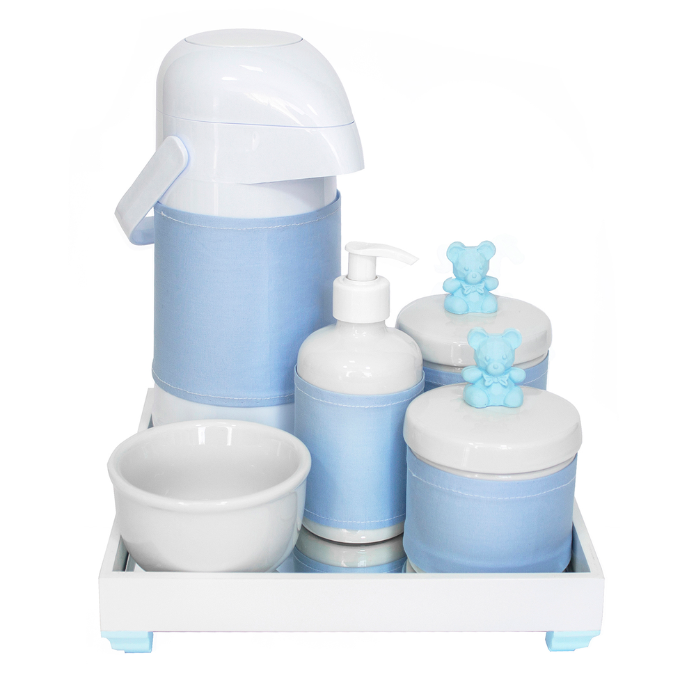 Kit Higiene Espelho Completo Porcelanas, Garrafa e Capa Ursinho Azul Quarto Bebê Menino Kit Higiene Espelho Completo Porcelanas, Garrafa e Capa Ursinho Azul Quarto Bebê Menino