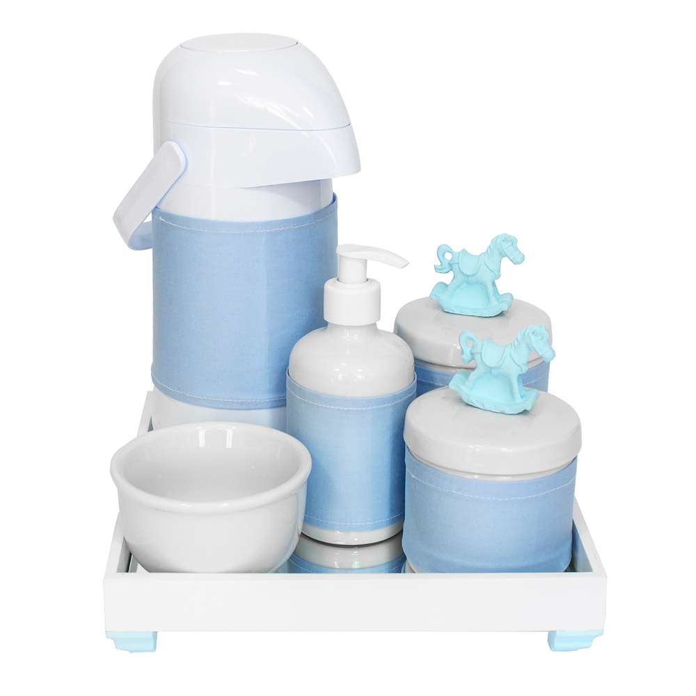 Kit Higiene Espelho Completo Porcelanas, Garrafa e Capa Cavalinho Azul Quarto Bebê Menino Kit Higiene Espelho Completo Porcelanas, Garrafa e Capa Cavalinho Azul Quarto Bebê Menino