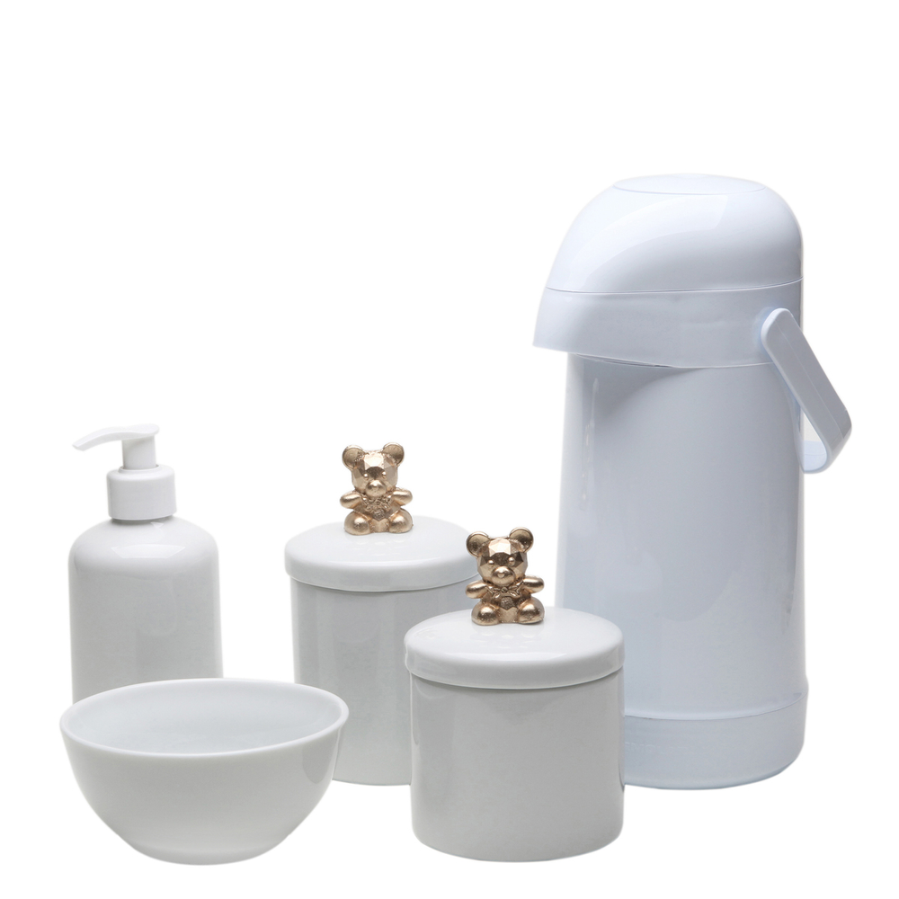 Potes, Garrafa, Molhadeira e Porta Álcool-Gel Ursinho Dourado Quarto Bebê Infantil Potes, Garrafa, Molhadeira e Porta Álcool-Gel Ursinho Dourado Quarto Bebê Infantil