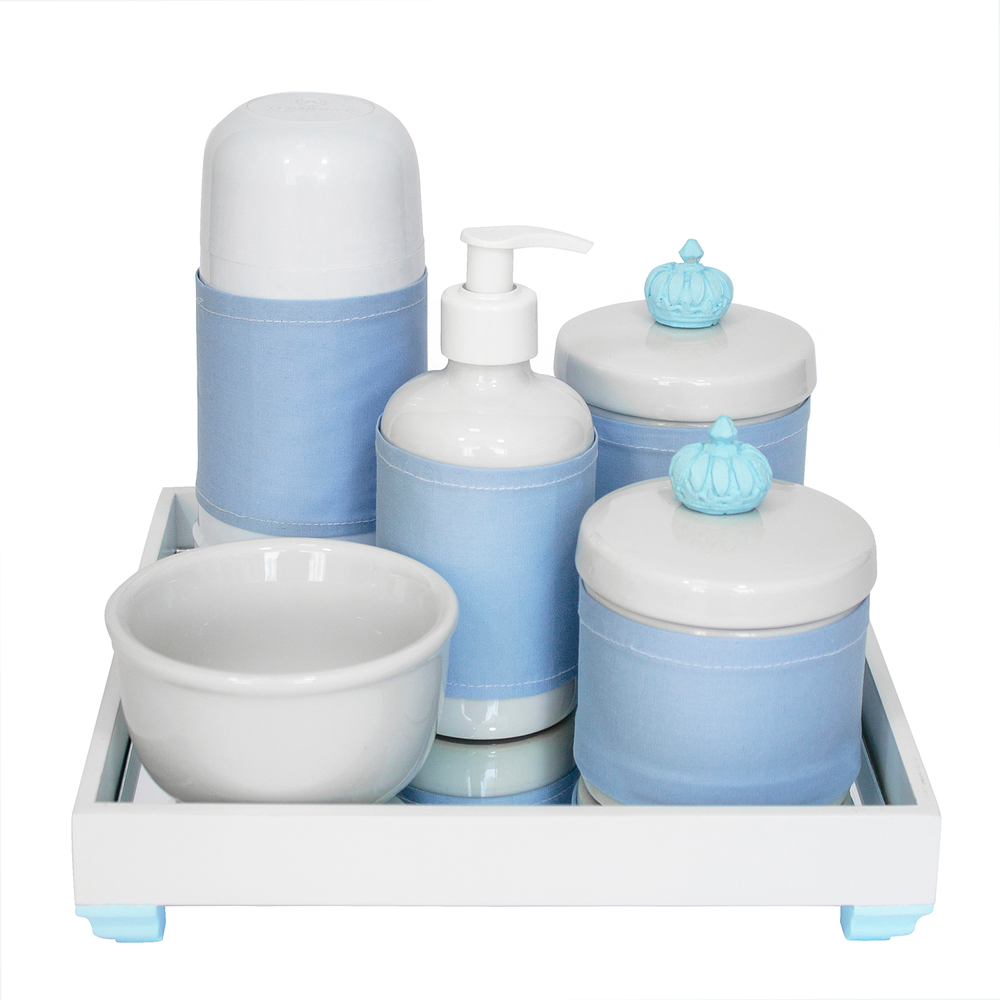 Kit Higiene Espelho Completo Porcelanas, Garrafa Pequena e Capa Coroa Azul Quarto Bebê Menino Kit Higiene Espelho Completo Porcelanas, Garrafa Pequena e Capa Coroa Azul Quarto Bebê Menino