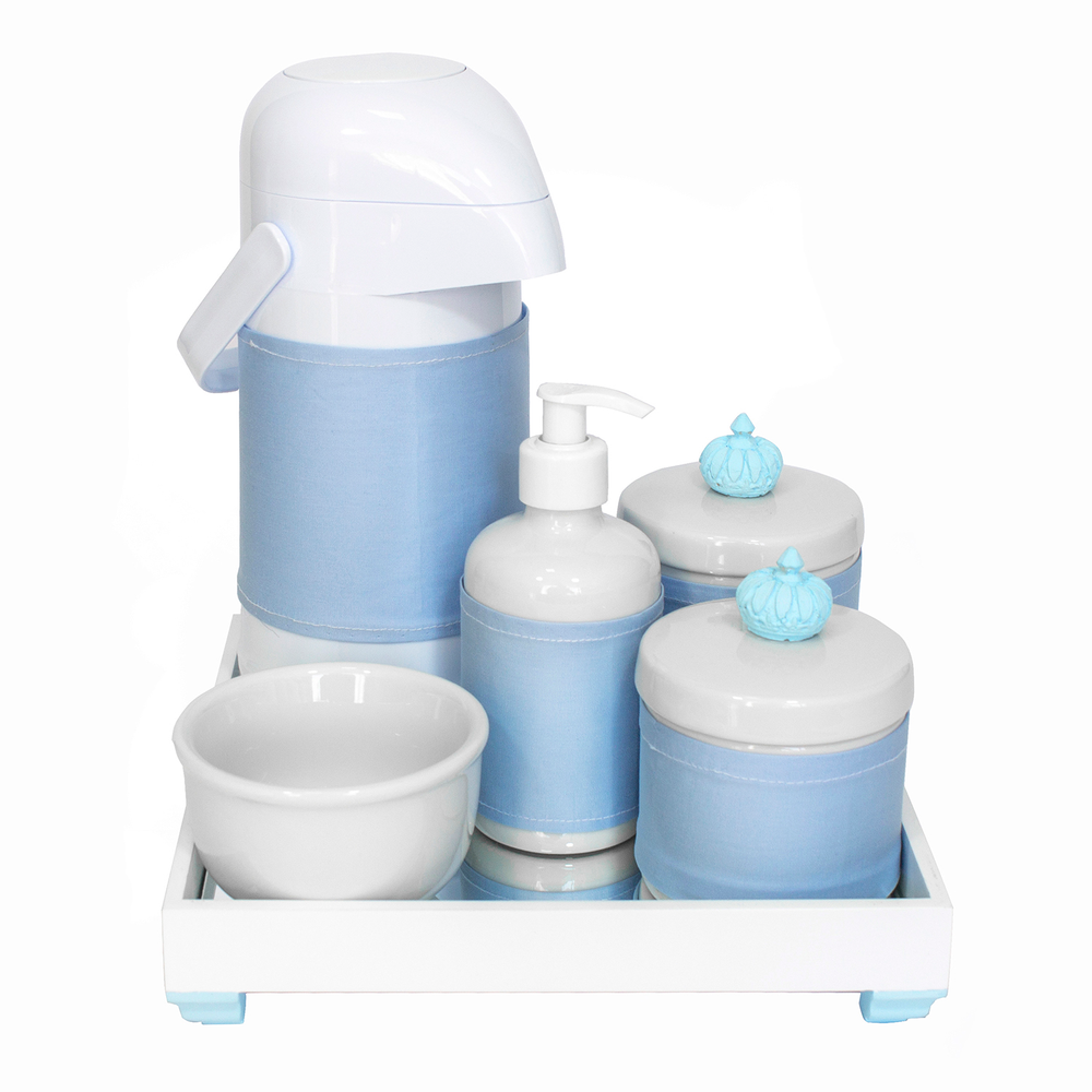 Kit Higiene Espelho Completo Porcelanas, Garrafa e Capa Coroa Azul Quarto Bebê Menino Kit Higiene Espelho Completo Porcelanas, Garrafa e Capa Coroa Azul Quarto Bebê Menino