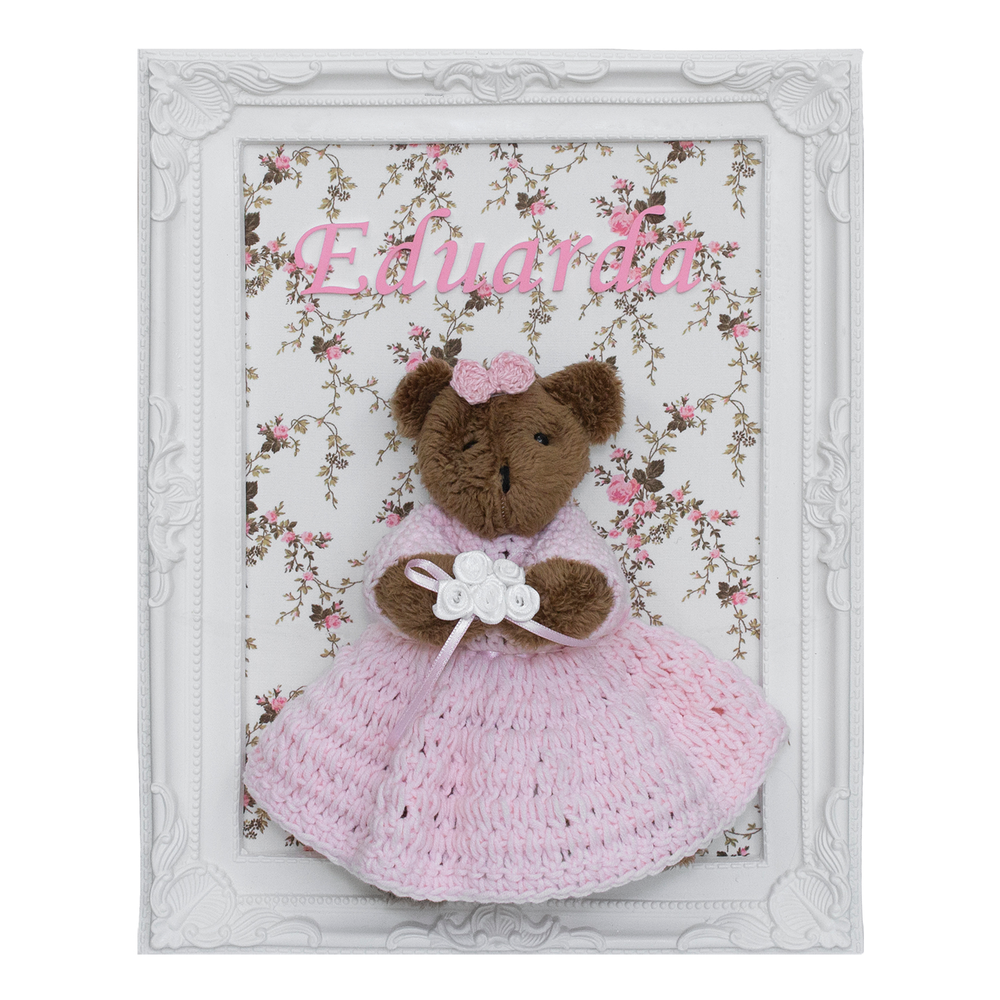 Porta Maternidade Quadro Ursa Marrom Vestido de Crochê e Buquê de Flor Quarto Bebê Infantil Menina Porta Maternidade Quadro Ursa Marrom Vestido de Crochê e Buquê de Flor Quarto Bebê Infantil Menina
