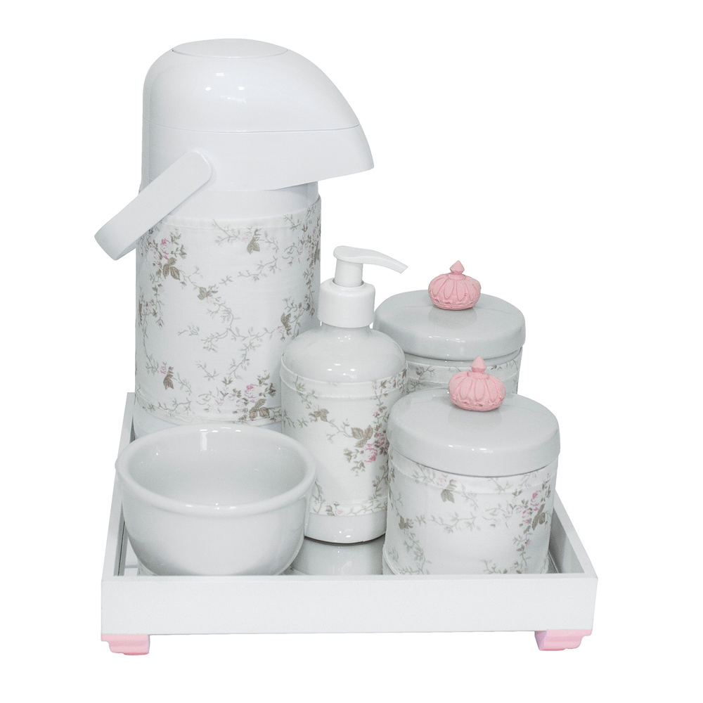 Kit Higiene Espelho Completo Porcelanas, Garrafa e Capa Coroa Rosa Quarto Bebê Menina Kit Higiene Espelho Completo Porcelanas, Garrafa e Capa Coroa Rosa Quarto Bebê Menina