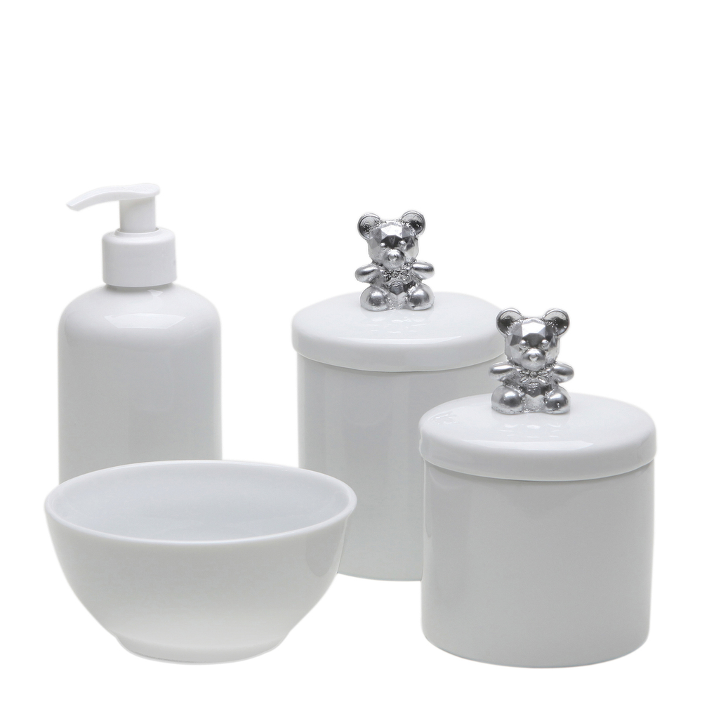 Potes, Molhadeira e Porta Álcool-Gel Ursinho Prata Quarto Bebê Infantil Unissex Potes, Molhadeira e Porta Álcool-Gel Ursinho Prata Quarto Bebê Infantil Unissex
