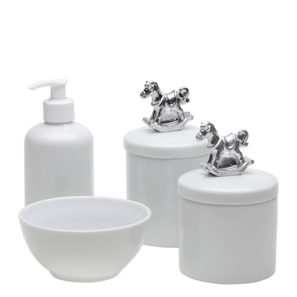 Potes, Molhadeira e Porta Álcool-Gel Cavalinho Prata Quarto Bebê Infantil Menina Menino Potes, Molhadeira e Porta Álcool-Gel Cavalinho Prata Quarto Bebê Infantil Menina Menino