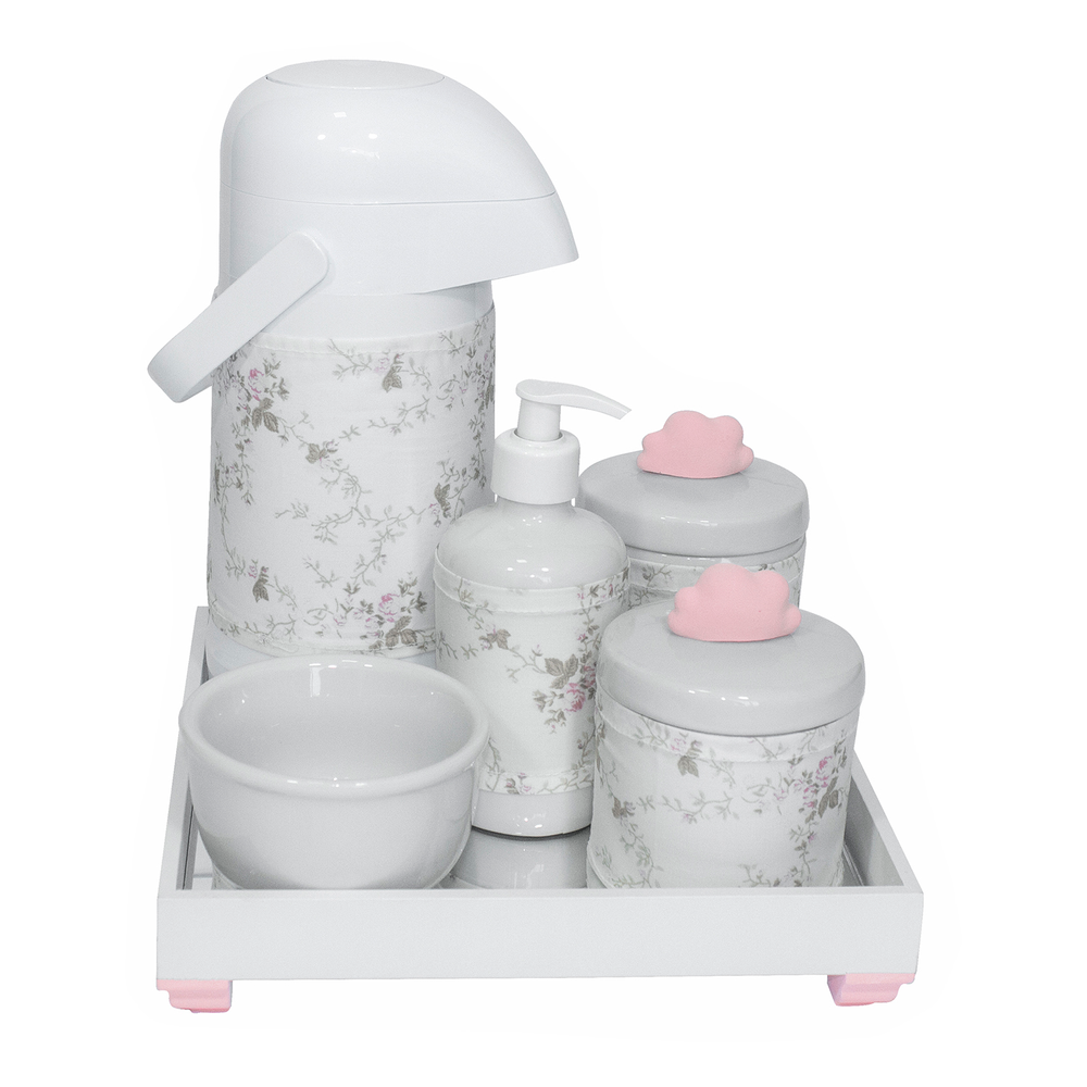 Kit Higiene Espelho Completo Porcelanas, Garrafa e Capa Nuvem Rosa Quarto Bebê Menina Kit Higiene Espelho Completo Porcelanas, Garrafa e Capa Nuvem Rosa Quarto Bebê Menina