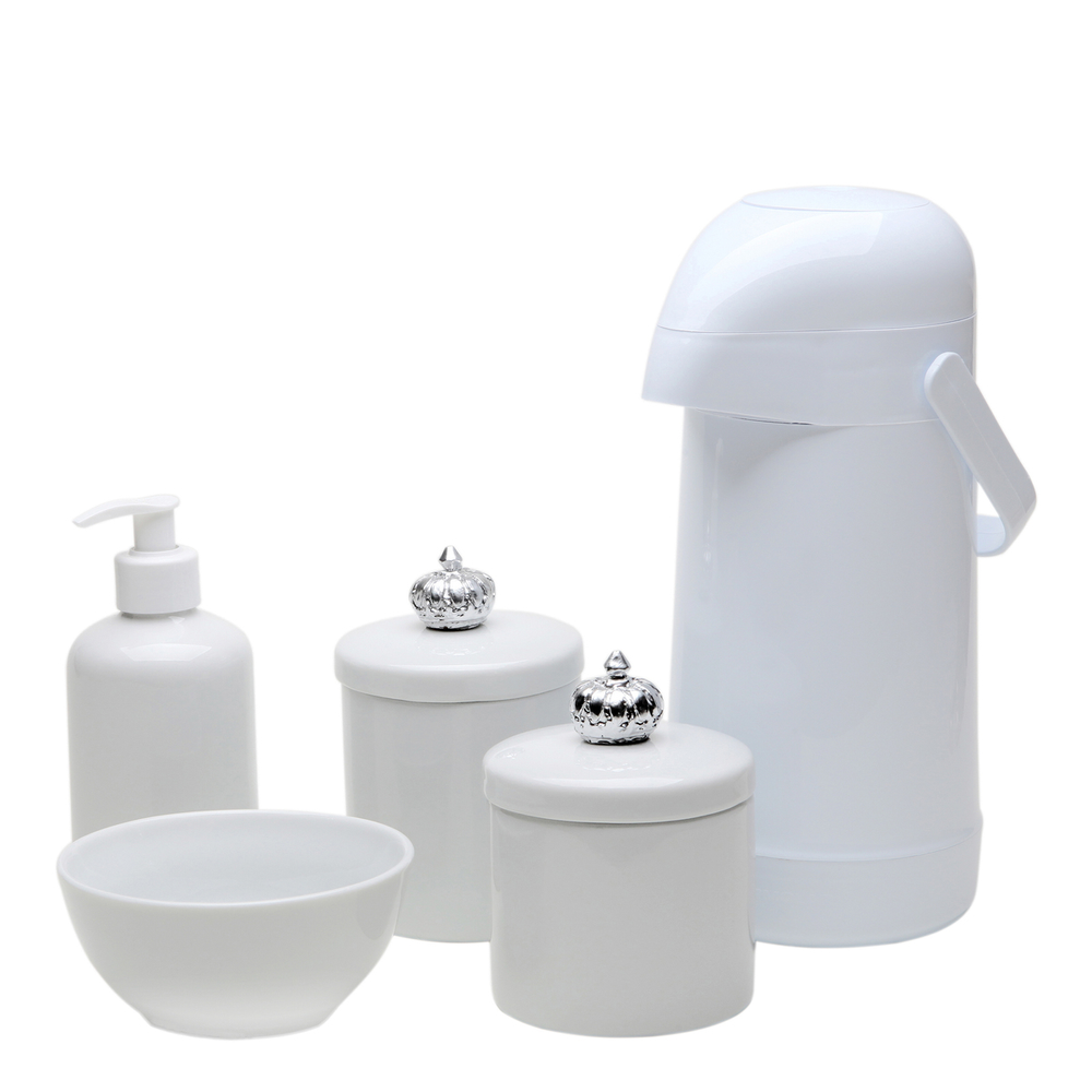 Potes, Garrafa, Molhadeira e Porta Álcool-Gel Coroa Prata Quarto Bebê Infantil Menina Menino Potes, Garrafa, Molhadeira e Porta Álcool-Gel Coroa Prata Quarto Bebê Infantil Menina Menino