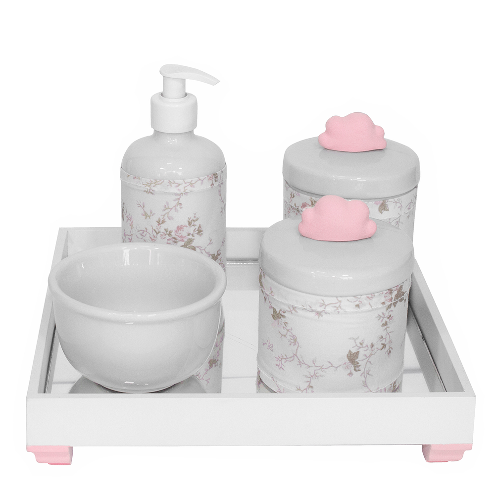 Kit Higiene Espelho Potes, Molhadeira, Porta Álcool-Gel e Capa Nuvem Rosa Quarto Bebê Menina Kit Higiene Espelho Potes, Molhadeira, Porta Álcool-Gel e Capa Nuvem Rosa Quarto Bebê Menina