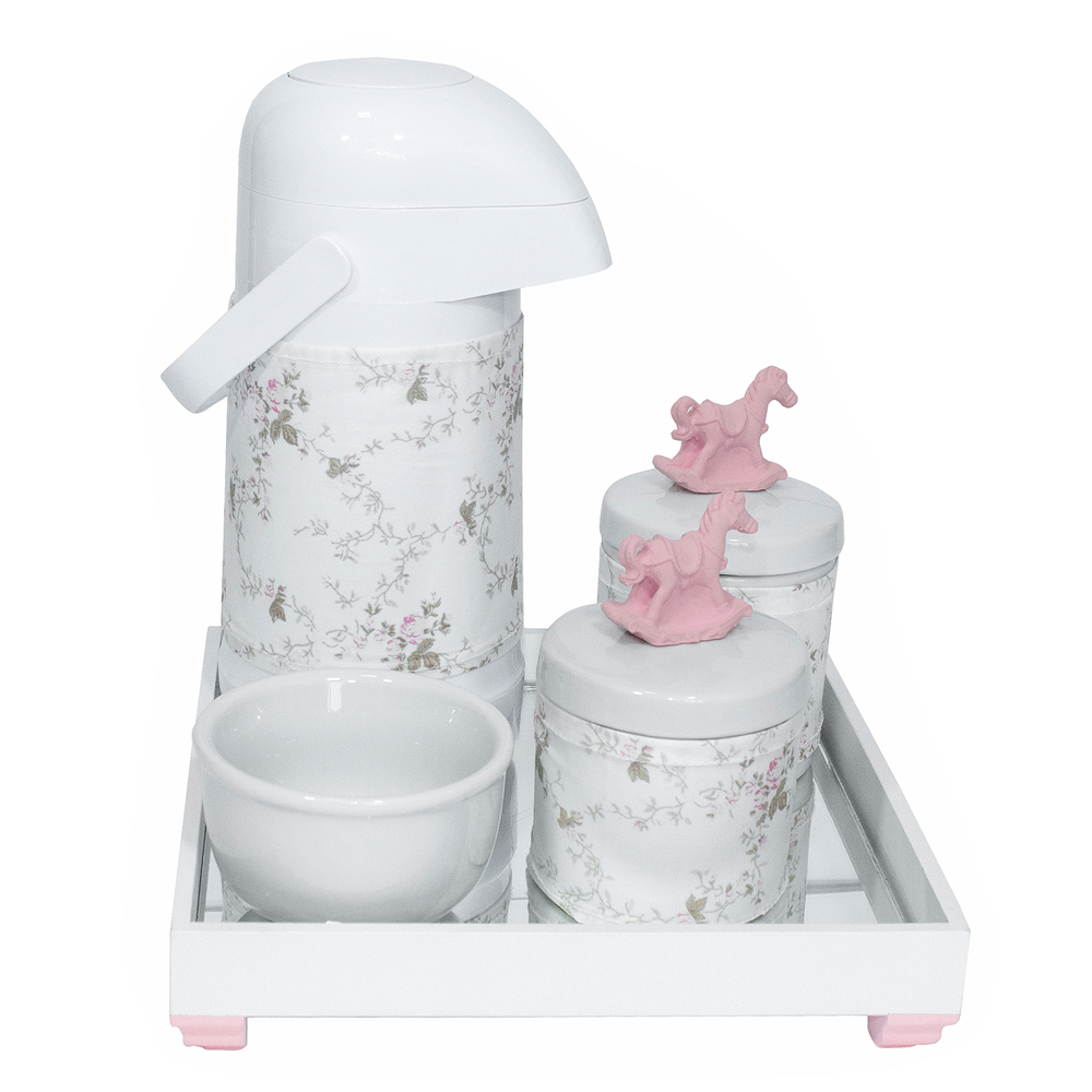Kit Higiene Espelho Potes, Garrafa, Molhadeira e Capa Cavalinho Rosa Quarto Bebê Menina Kit Higiene Espelho Potes, Garrafa, Molhadeira e Capa Cavalinho Rosa Quarto Bebê Menina