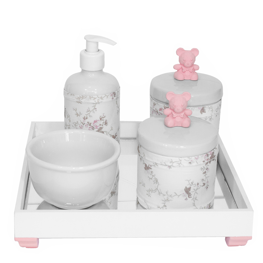 Kit Higiene Espelho Potes, Molhadeira, Porta Álcool-Gel e Capa Ursinho Rosa Quarto Bebê Menina Kit Higiene Espelho Potes, Molhadeira, Porta Álcool-Gel e Capa Ursinho Rosa Quarto Bebê Menina