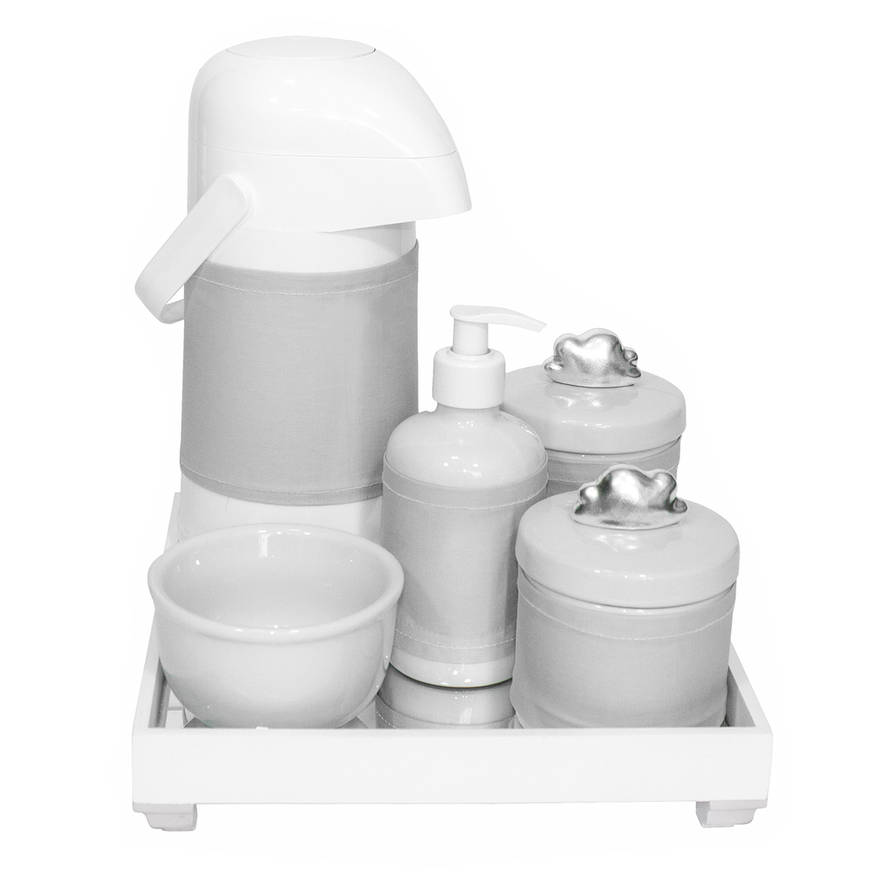 Kit Higiene Espelho Completo Porcelanas, Garrafa e Capa Nuvem Prata Quarto Bebê Unissex Kit Higiene Espelho Completo Porcelanas, Garrafa e Capa Nuvem Prata Quarto Bebê Unissex