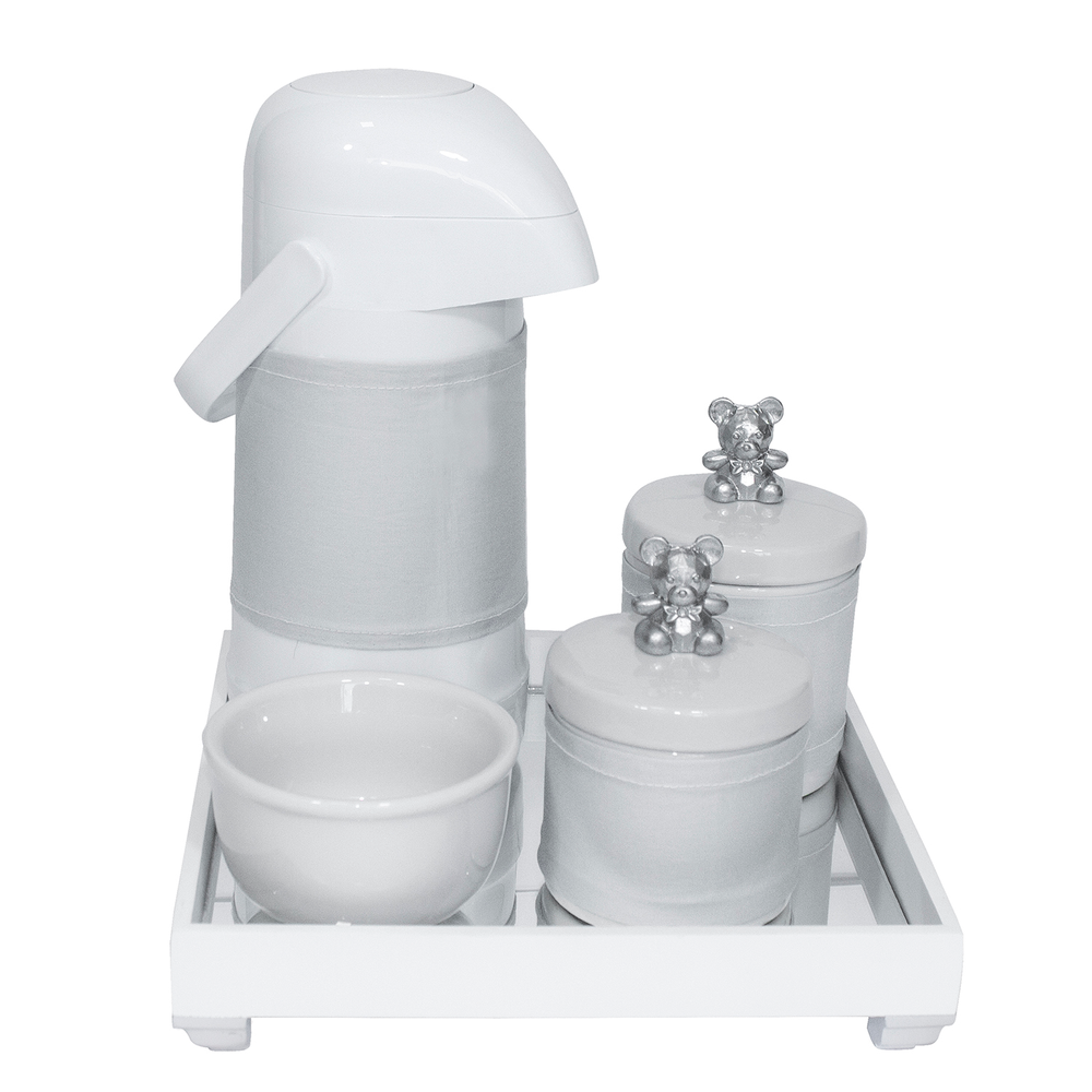 Kit Higiene Espelho Potes, Garrafa, Molhadeira e Capa Ursinho Prata Quarto Bebê Unissex Kit Higiene Espelho Potes, Garrafa, Molhadeira e Capa Ursinho Prata Quarto Bebê Unissex