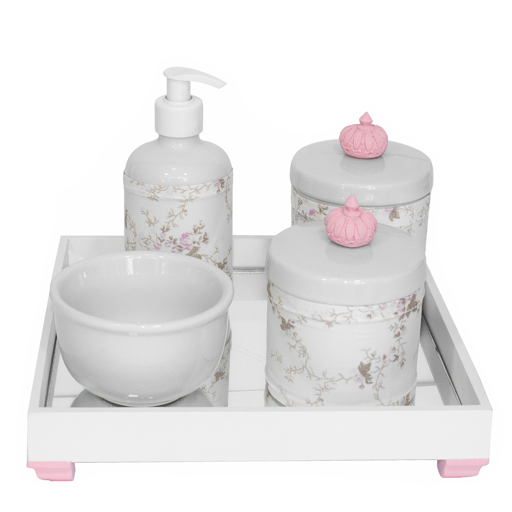 Kit Higiene Espelho Potes, Molhadeira, Porta Álcool-Gel e Capa Coroa Rosa Quarto Bebê Menina Kit Higiene Espelho Potes, Molhadeira, Porta Álcool-Gel e Capa Coroa Rosa Quarto Bebê Menina