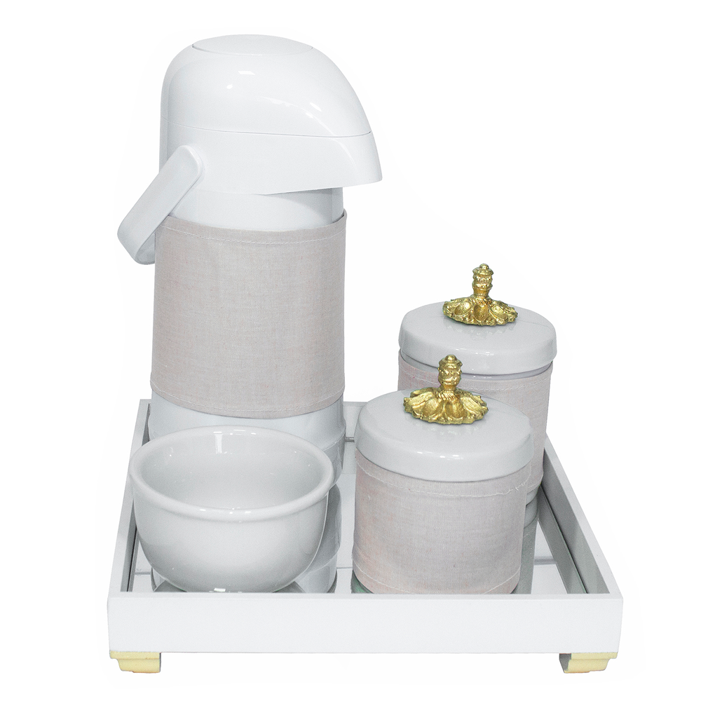 Kit Higiene Espelho Potes, Garrafa, Molhadeira e Capa Provençal Dourado Quarto Bebê Unissex Kit Higiene Espelho Potes, Garrafa, Molhadeira e Capa Provençal Dourado Quarto Bebê Unissex