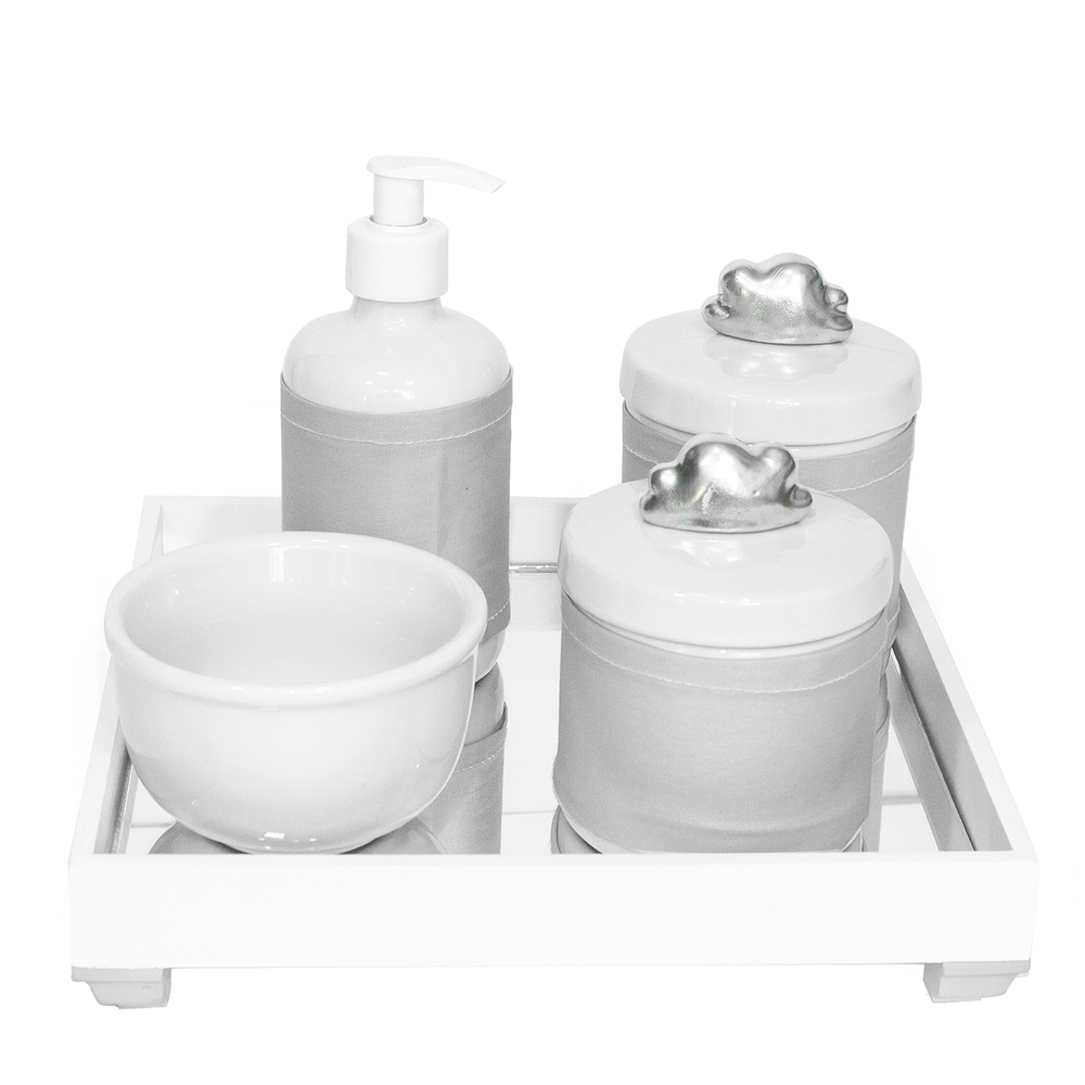 Kit Higiene Espelho Potes, Molhadeira, Porta Álcool-Gel e Capa Nuvem Prata Quarto Bebê Unissex Kit Higiene Espelho Potes, Molhadeira, Porta Álcool-Gel e Capa Nuvem Prata Quarto Bebê Unissex