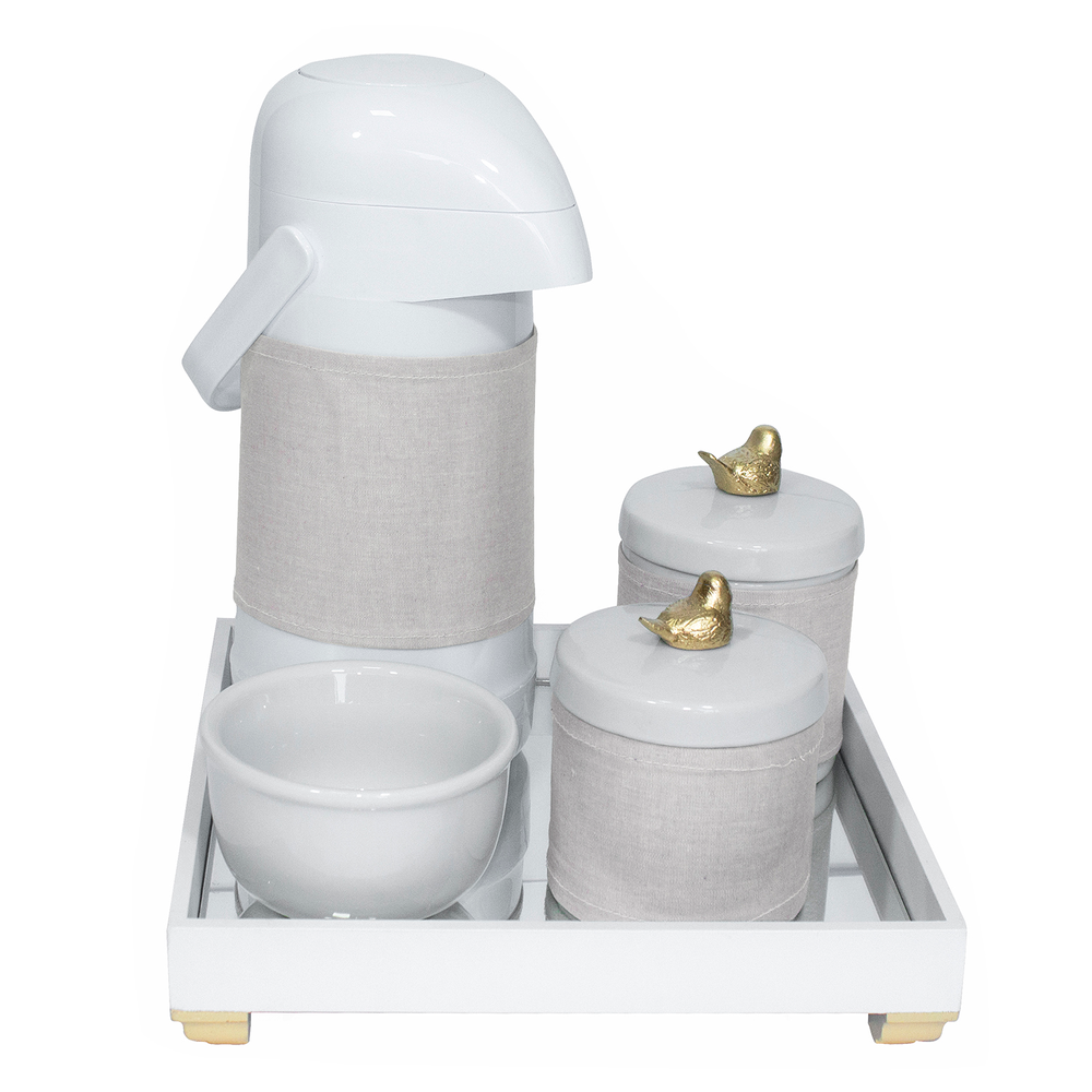 Kit Higiene Espelho Potes, Garrafa, Molhadeira e Capa Passarinho Dourado Quarto Bebê Unissex Kit Higiene Espelho Potes, Garrafa, Molhadeira e Capa Passarinho Dourado Quarto Bebê Unissex