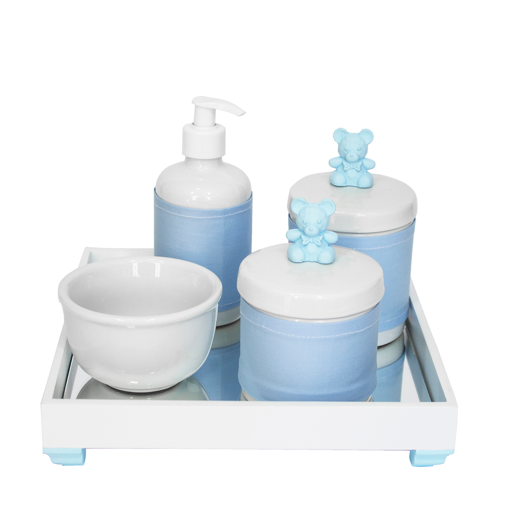 Kit Higiene Espelho Potes, Molhadeira, Porta Álcool-Gel e Capa Ursinho Azul Quarto Bebê Menino Kit Higiene Espelho Potes, Molhadeira, Porta Álcool-Gel e Capa Ursinho Azul Quarto Bebê Menino