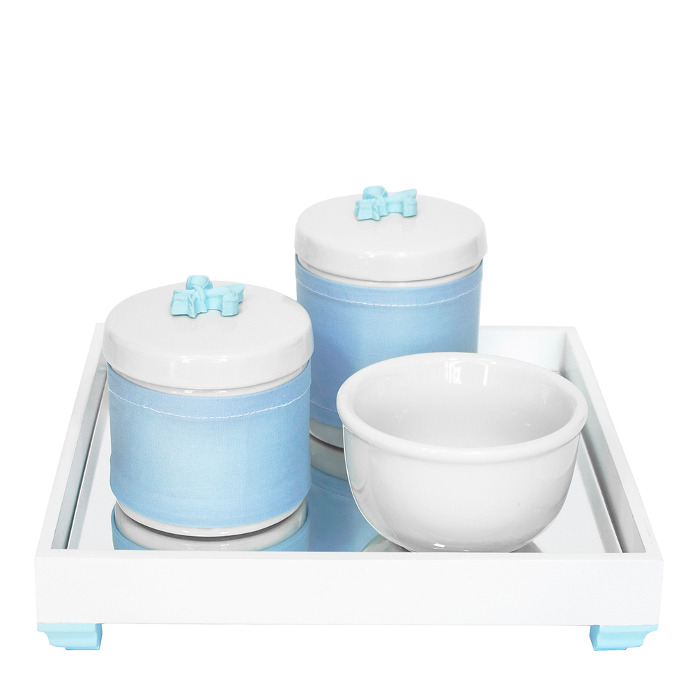 Kit Higiene Espelho Potes, Molhadeira e Capa Flor de Liz Azul Quarto Bebê Menino Kit Higiene Espelho Potes, Molhadeira e Capa Flor de Liz Azul Quarto Bebê Menino