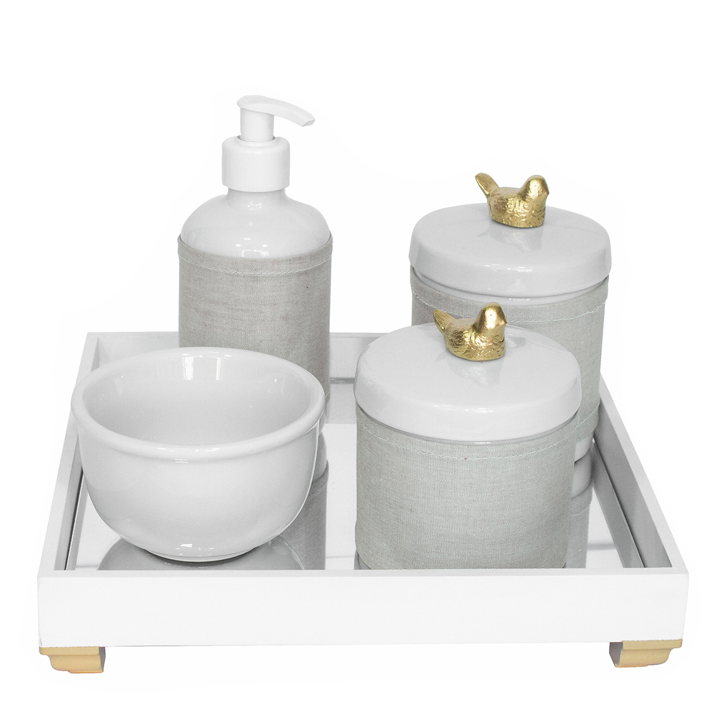 Kit Higiene Espelho Potes, Molhadeira, Porta Álcool-Gel e Capa Passarinho Dourado Quarto Bebê Unissex Kit Higiene Espelho Potes, Molhadeira, Porta Álcool-Gel e Capa Passarinho Dourado Quarto Bebê Unissex