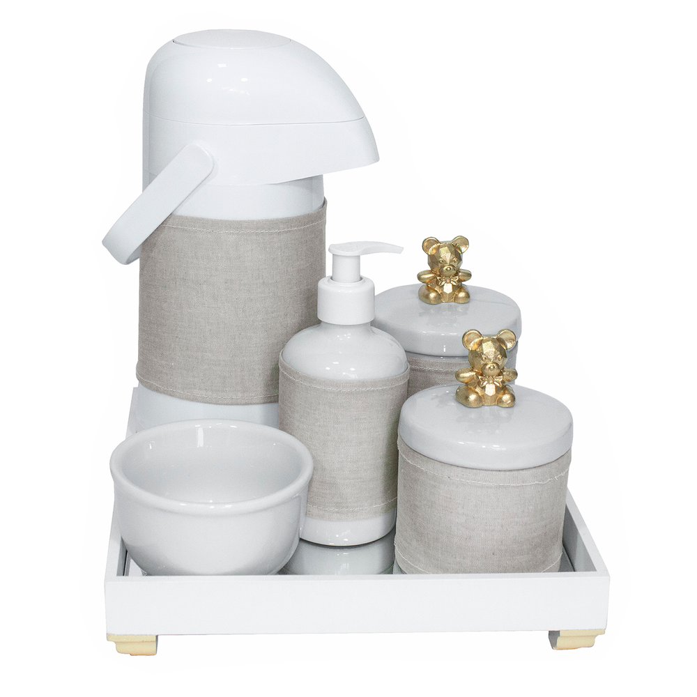 Kit Higiene Espelho Completo Porcelanas, Garrafa e Capa Ursinho Dourado Quarto Bebê Unissex Kit Higiene Espelho Completo Porcelanas, Garrafa e Capa Ursinho Dourado Quarto Bebê Unissex