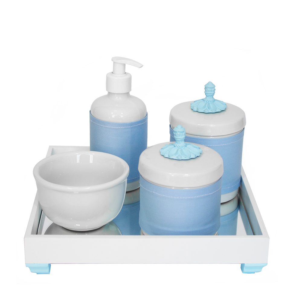 Kit Higiene Espelho Potes, Molhadeira, Porta Álcool-Gel e Capa Provençal Azul Quarto Bebê Menino Kit Higiene Espelho Potes, Molhadeira, Porta Álcool-Gel e Capa Provençal Azul Quarto Bebê Menino
