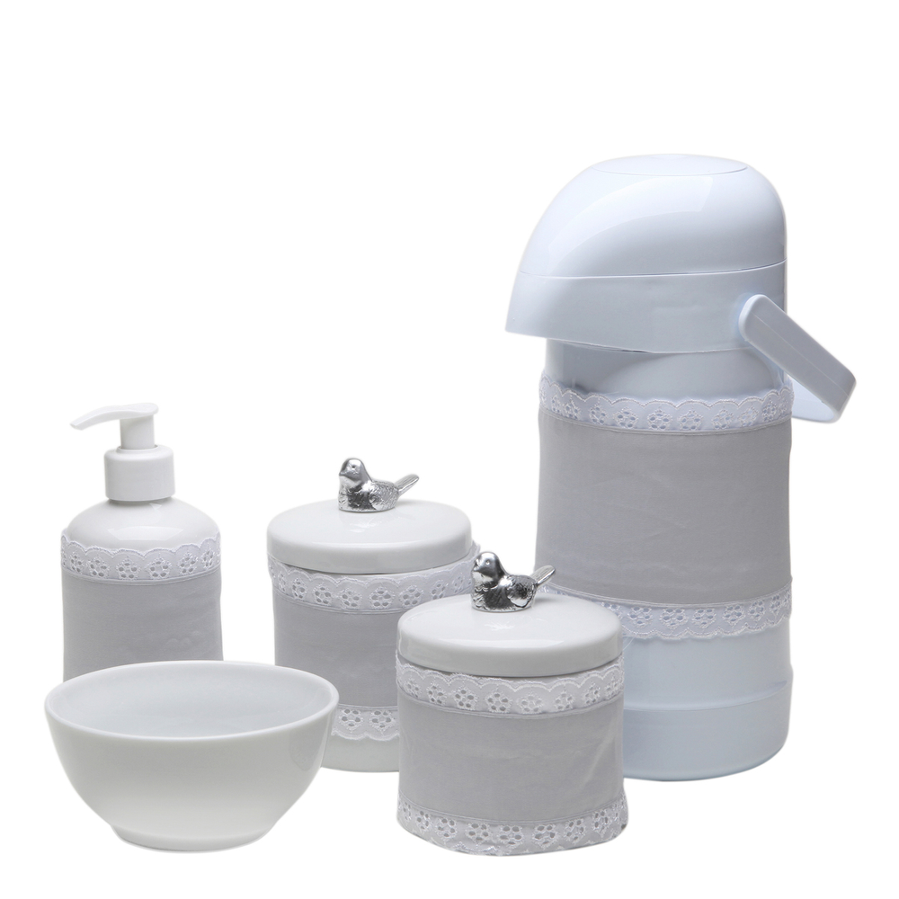 Potes, Garrafa, Molhadeira e Porta Álcool-Gel Com Capa Passarinho Prata Quarto Bebê Infantil Menina Menino Potes, Garrafa, Molhadeira e Porta Álcool-Gel Com Capa Passarinho Prata Quarto Bebê Infantil Menina Menino