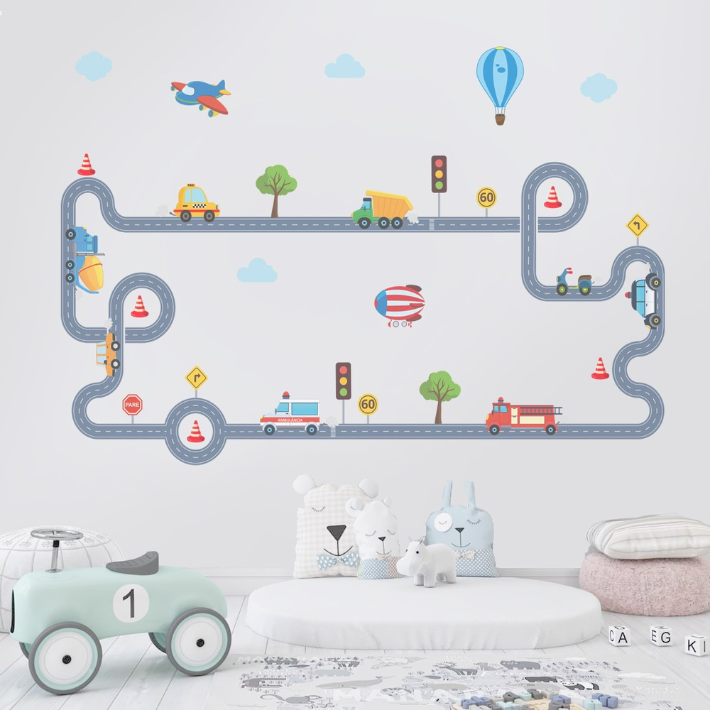 Adesivo de Parede Infantil Autocolante Carrinhos Coloridos - pista carros Adesivo de Parede Infantil Autocolante Carrinhos Coloridos - pista carros
