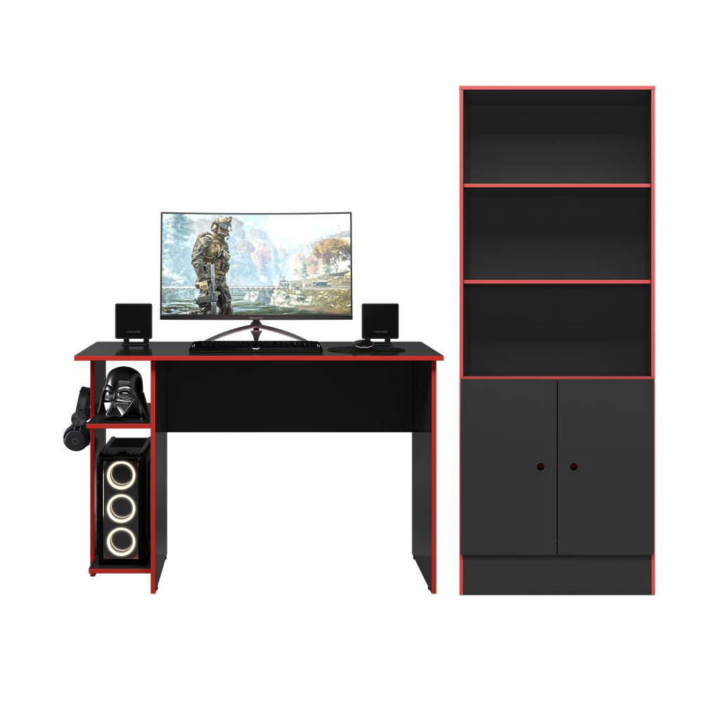 Conjunto Gamer Mesa e Armario Conquest Preto Fosco Vermelho Conjunto Gamer Mesa e Armario Conquest Preto Fosco Vermelho