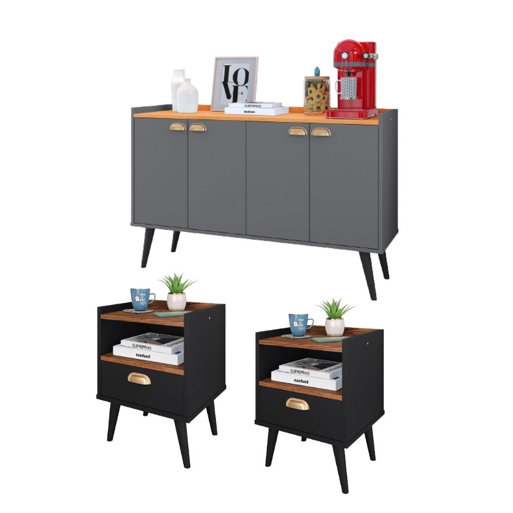 Kit 2 Mesinhas Cabeceira Estilo Retrô Preto/Freijó 1 Gaveta Nicho Decorativo e Buffet Kiev Cantinho Café Cinza/Cinamomo - RPM Móveis Kit 2 Mesinhas Cabeceira Estilo Retrô Preto/Freijó 1 Gaveta Nicho Decorativo e Buffet Kiev Cantinho Café Cinza/Cinamomo - RPM Móveis