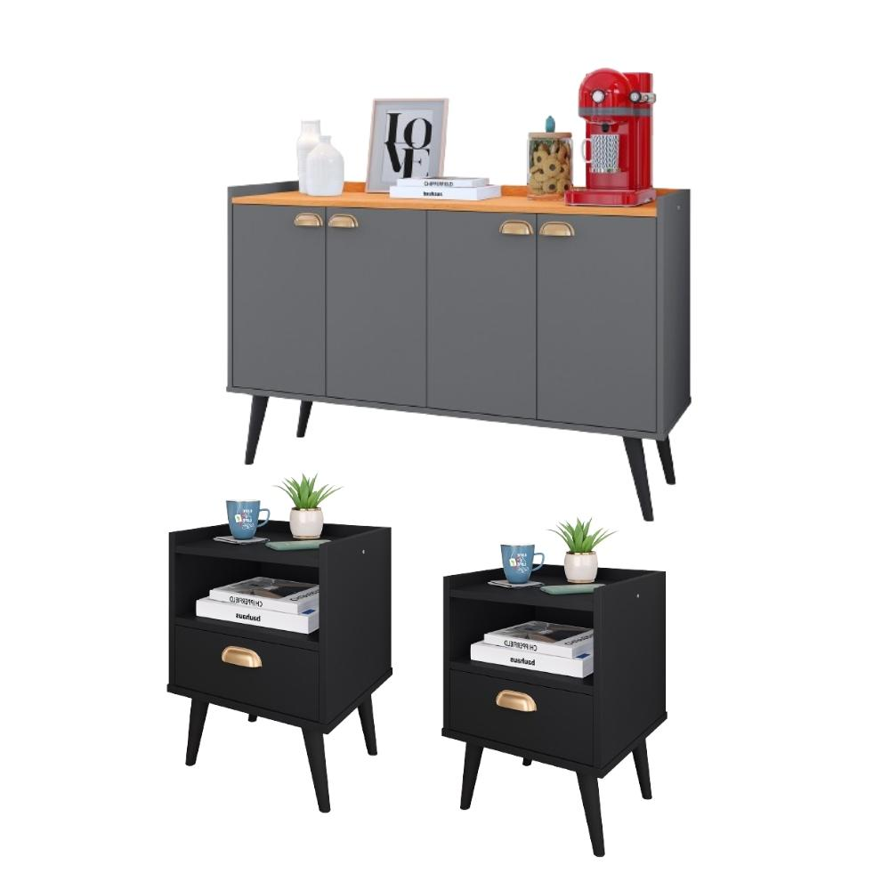 Kit 2 Mesinhas Cabeceira Estilo Retrô Preto 1 Gaveta Nicho Decorativo e Buffet Kiev Cantinho Café Cinza/Cinamomo - RPM Móveis Kit 2 Mesinhas Cabeceira Estilo Retrô Preto 1 Gaveta Nicho Decorativo e Buffet Kiev Cantinho Café Cinza/Cinamomo - RPM Móveis