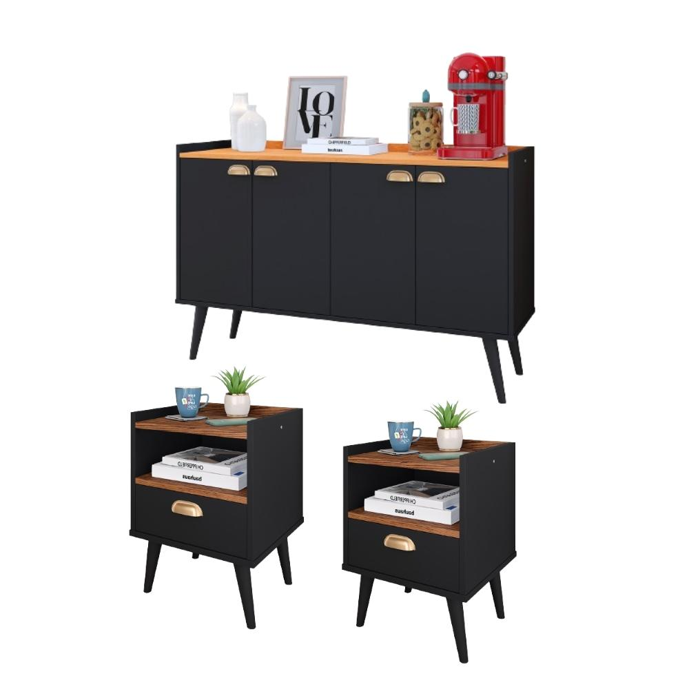 Kit 2 Mesinhas Cabeceira Estilo Retrô Preto/Freijó 1 Gaveta Nicho Decorativo e Buffet Kiev Cantinho Café Preto/Cinamomo - RPM Móveis Kit 2 Mesinhas Cabeceira Estilo Retrô Preto/Freijó 1 Gaveta Nicho Decorativo e Buffet Kiev Cantinho Café Preto/Cinamomo - RPM Móveis