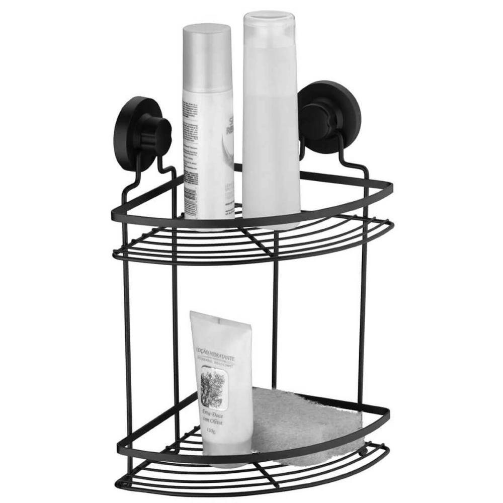 Suporte Porta Shampoo Preto com Ventosa Duplo Cantoneira Para Banheiro Faciliti Suporte Porta Shampoo Preto com Ventosa Duplo Cantoneira Para Banheiro Faciliti
