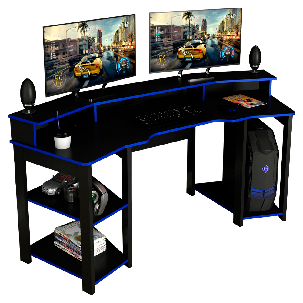 Mesa Gamer Cockpit 3 Prateleiras ME4167 Preto Azul Tecno Mobili Mesa Gamer Cockpit 3 Prateleiras ME4167 Preto Azul Tecno Mobili