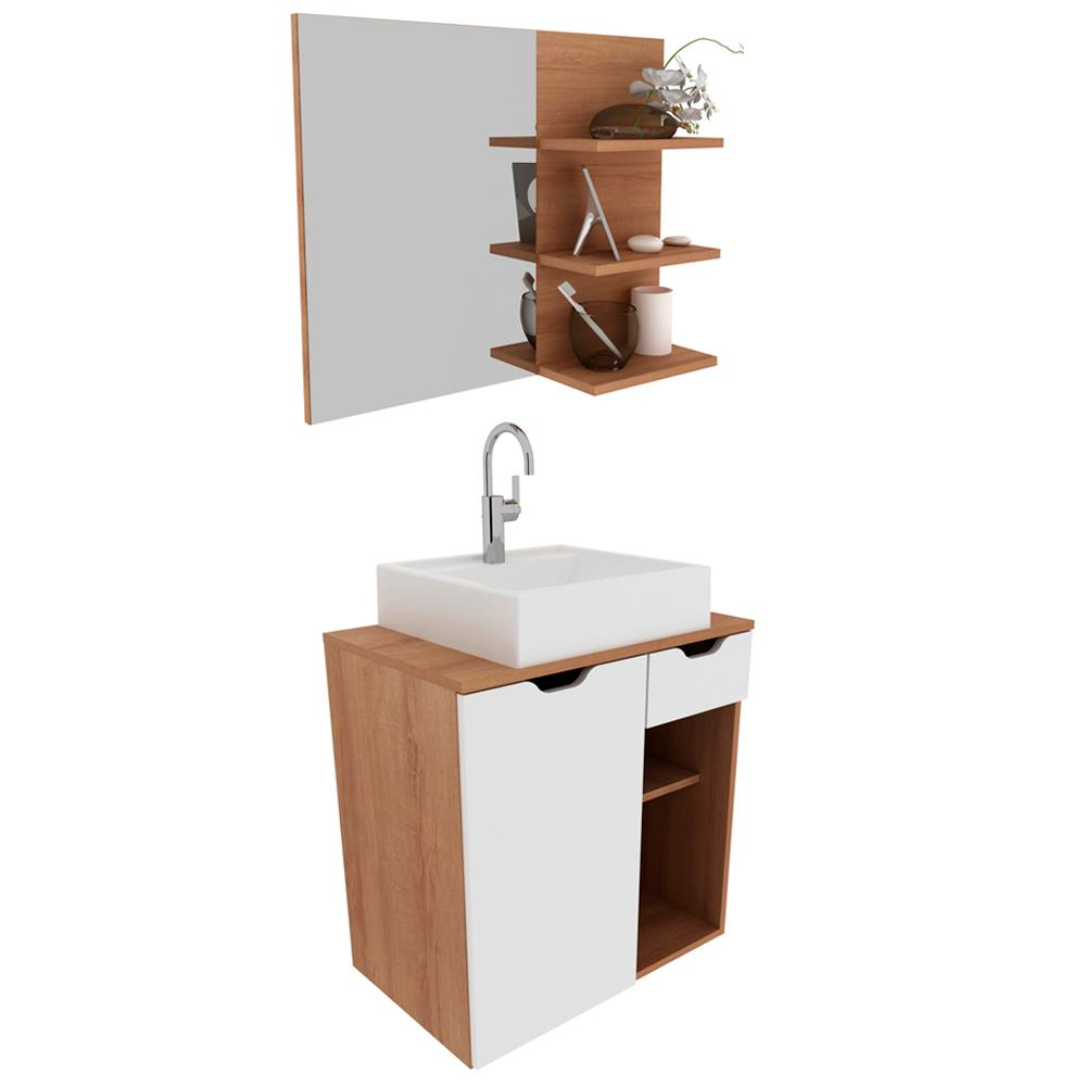Conjunto Para Banheiro Armarios Com Cuba E Espelho BN3 Amendoa Branco Tecno Mobili Conjunto Para Banheiro Armarios Com Cuba E Espelho BN3 Amendoa Branco Tecno Mobili