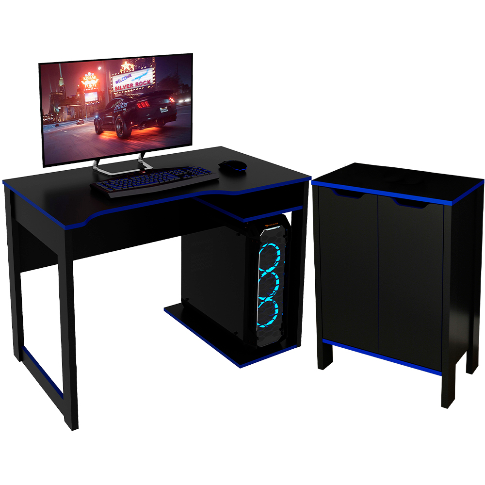 Conjunto Mesa E Armario Gamer ME4161XME4164 Preto Azul Tecno Mobili Conjunto Mesa E Armario Gamer ME4161XME4164 Preto Azul Tecno Mobili