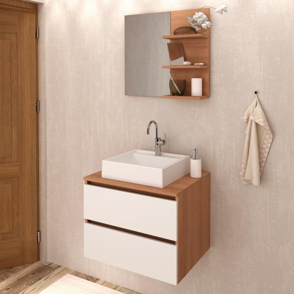 Conjunto Para Banheiro Armarios Com Cuba E Espelho BN8 Amendoa Branco Tecno Mobili Conjunto Para Banheiro Armarios Com Cuba E Espelho BN8 Amendoa Branco Tecno Mobili