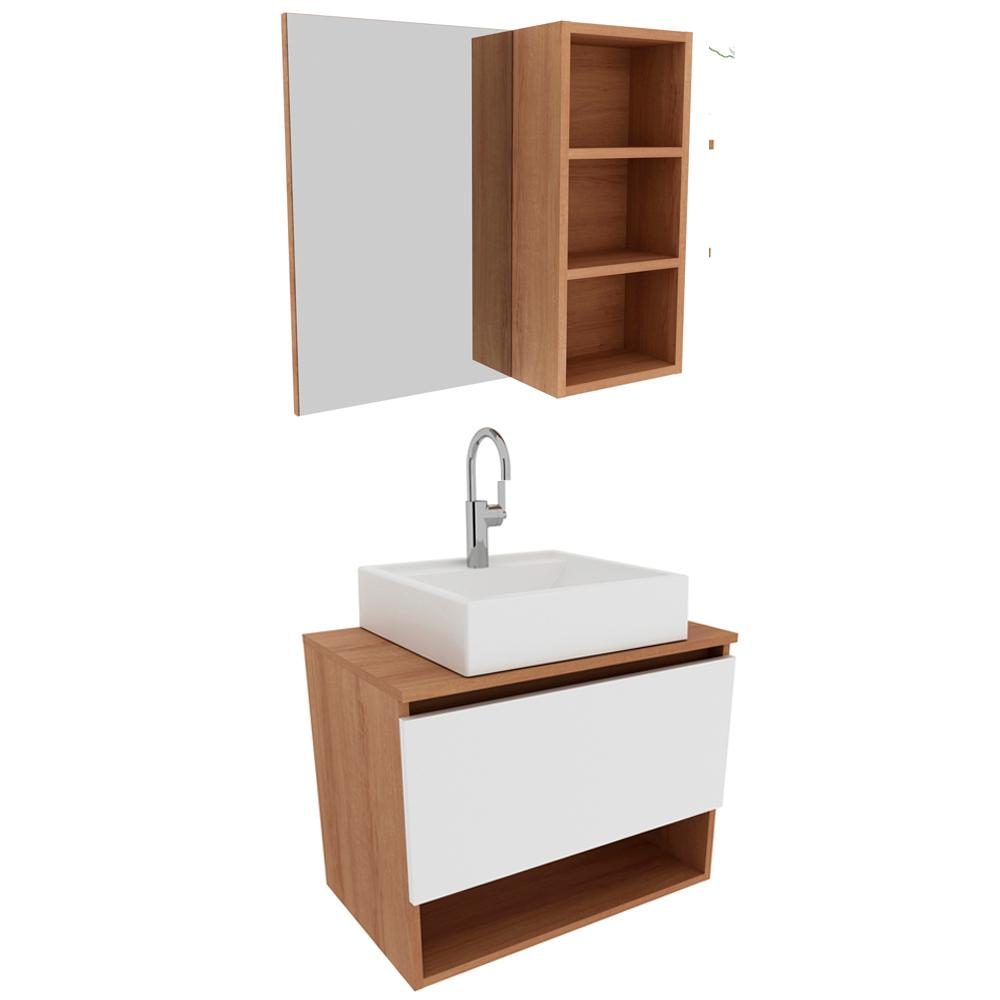 Conjunto Para Banheiro Armarios Com Cuba E Espelho BN6 Amendoa Branco Tecno Mobili Conjunto Para Banheiro Armarios Com Cuba E Espelho BN6 Amendoa Branco Tecno Mobili