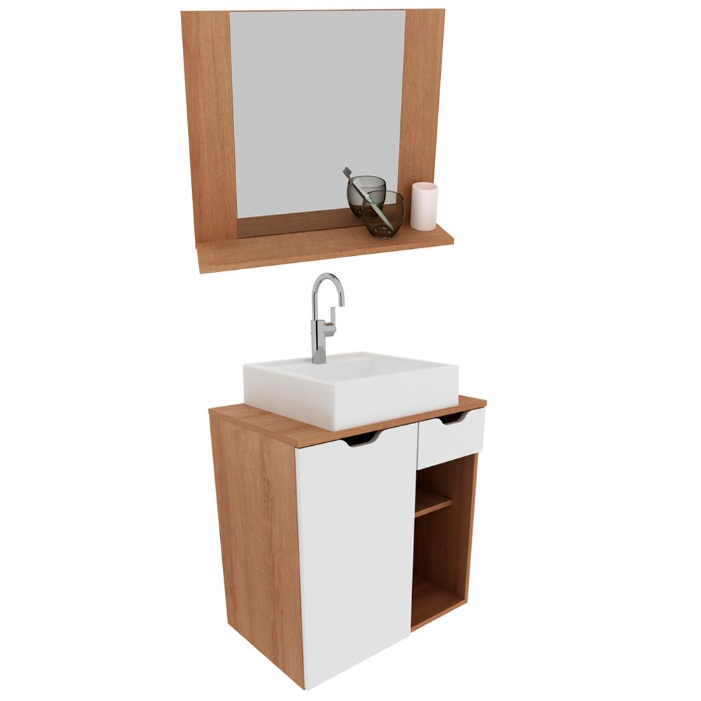 Conjunto Para Banheiro Armarios Com Cuba E Espelho BN4 Amendoa Branco Tecno Mobili Conjunto Para Banheiro Armarios Com Cuba E Espelho BN4 Amendoa Branco Tecno Mobili