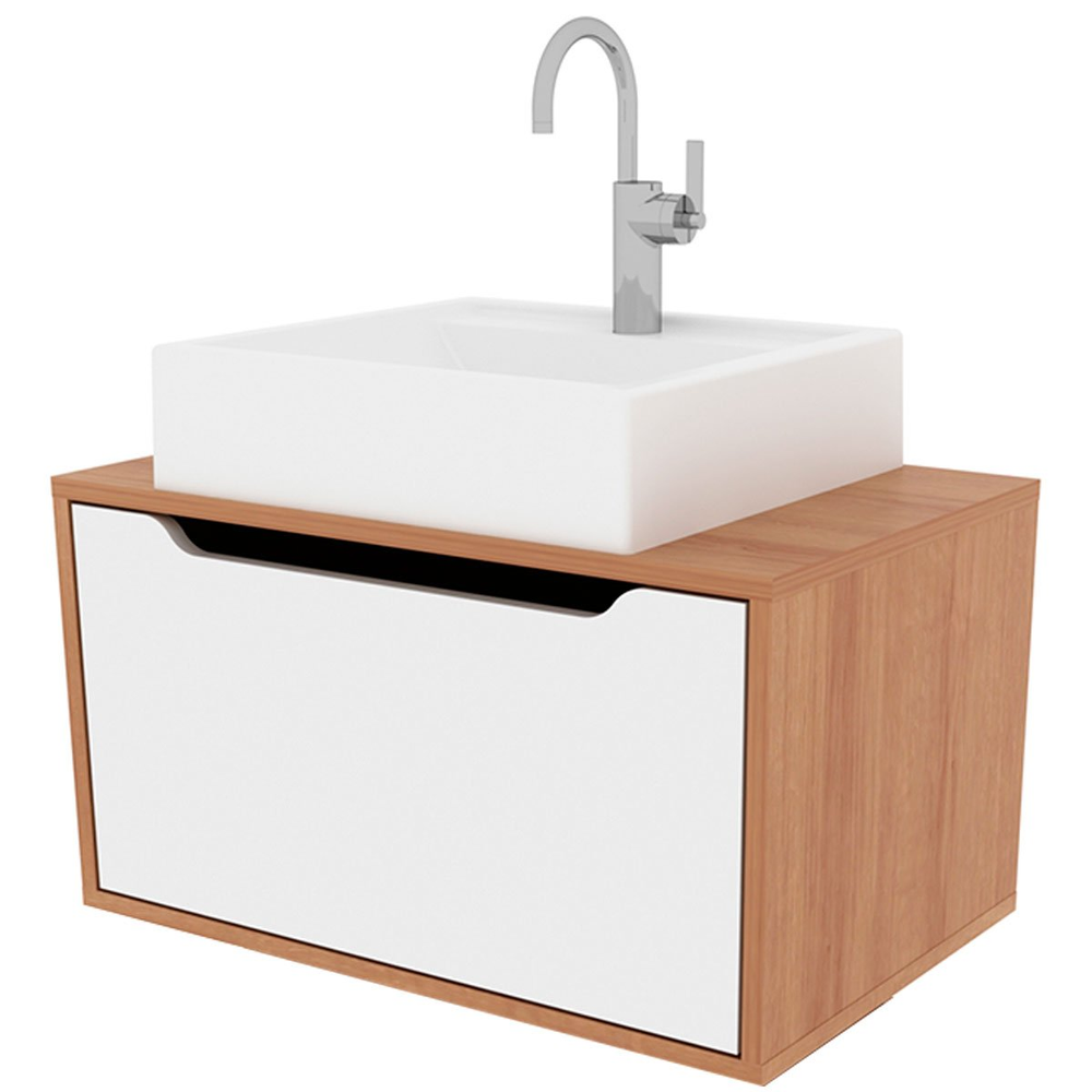 Gabinete de Banheiro 60 cm com Cuba e 1 Porta Basculante Amêndoa/Branco Gabinete de Banheiro 60 cm com Cuba e 1 Porta Basculante Amêndoa/Branco
