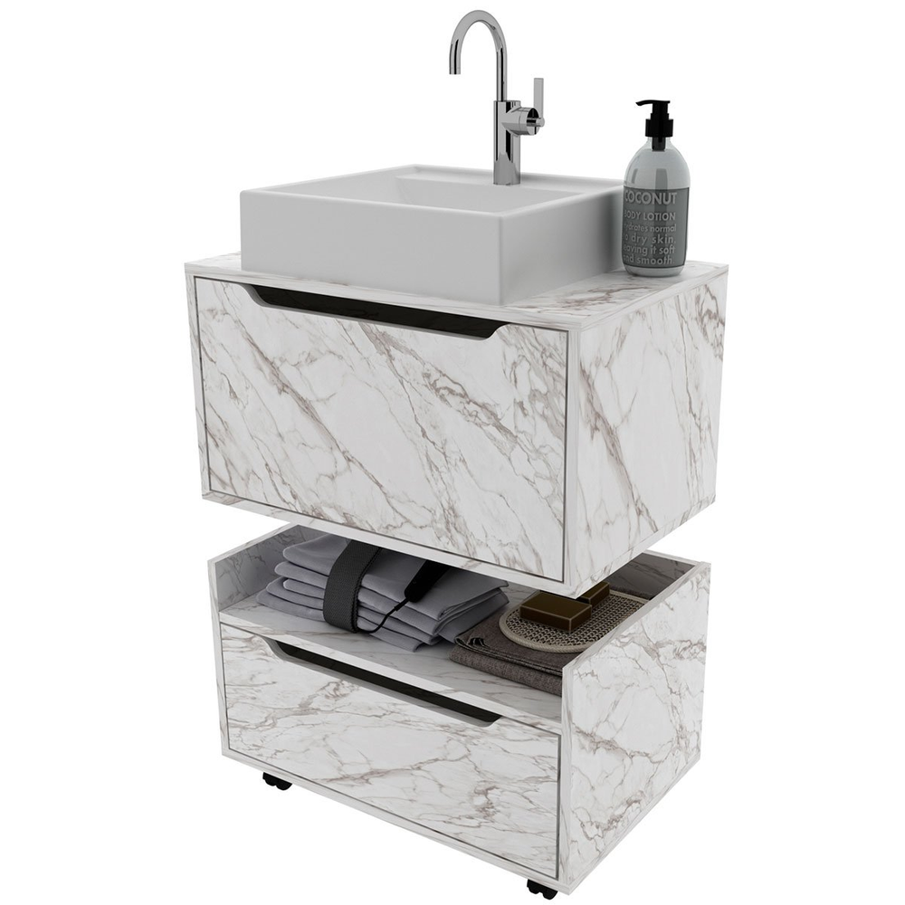Kit Balcão e Gabinete de Banheiro com Cuba 1 Porta 1 Gaveta Mármore Branco Kit Balcão e Gabinete de Banheiro com Cuba 1 Porta 1 Gaveta Mármore Branco