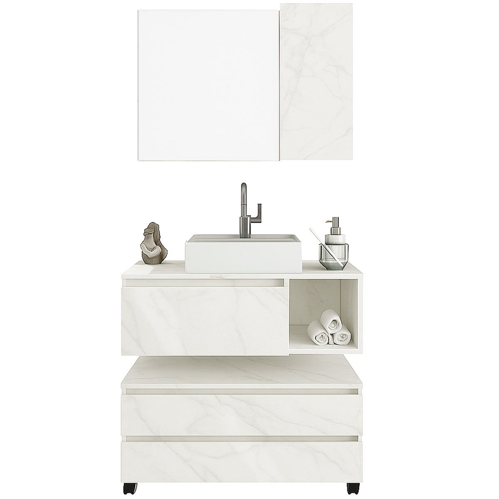 Kit Gabinete Balcão e Espelheira de Banheiro Marina Mármore Branco Kit Gabinete Balcão e Espelheira de Banheiro Marina Mármore Branco