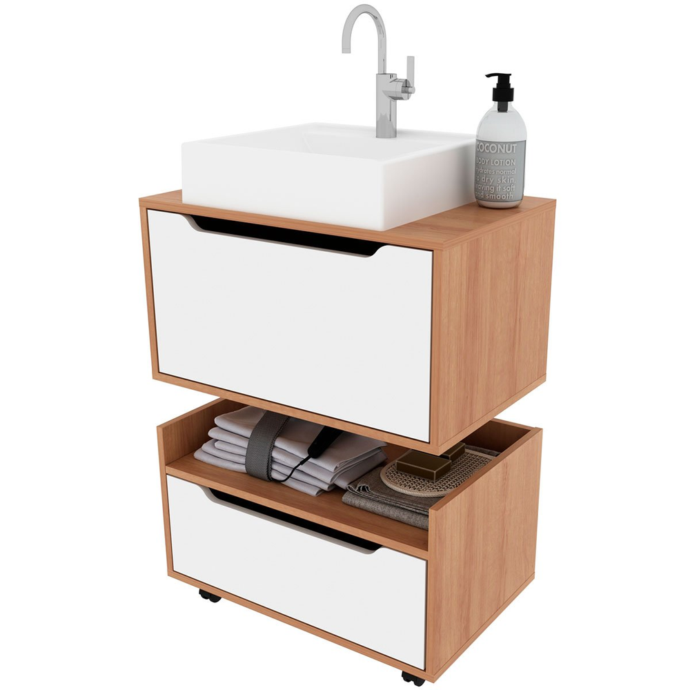 Kit Balcão e Gabinete de Banheiro com Cuba 1 Porta 1 Gaveta Amêndoa/Branco Kit Balcão e Gabinete de Banheiro com Cuba 1 Porta 1 Gaveta Amêndoa/Branco