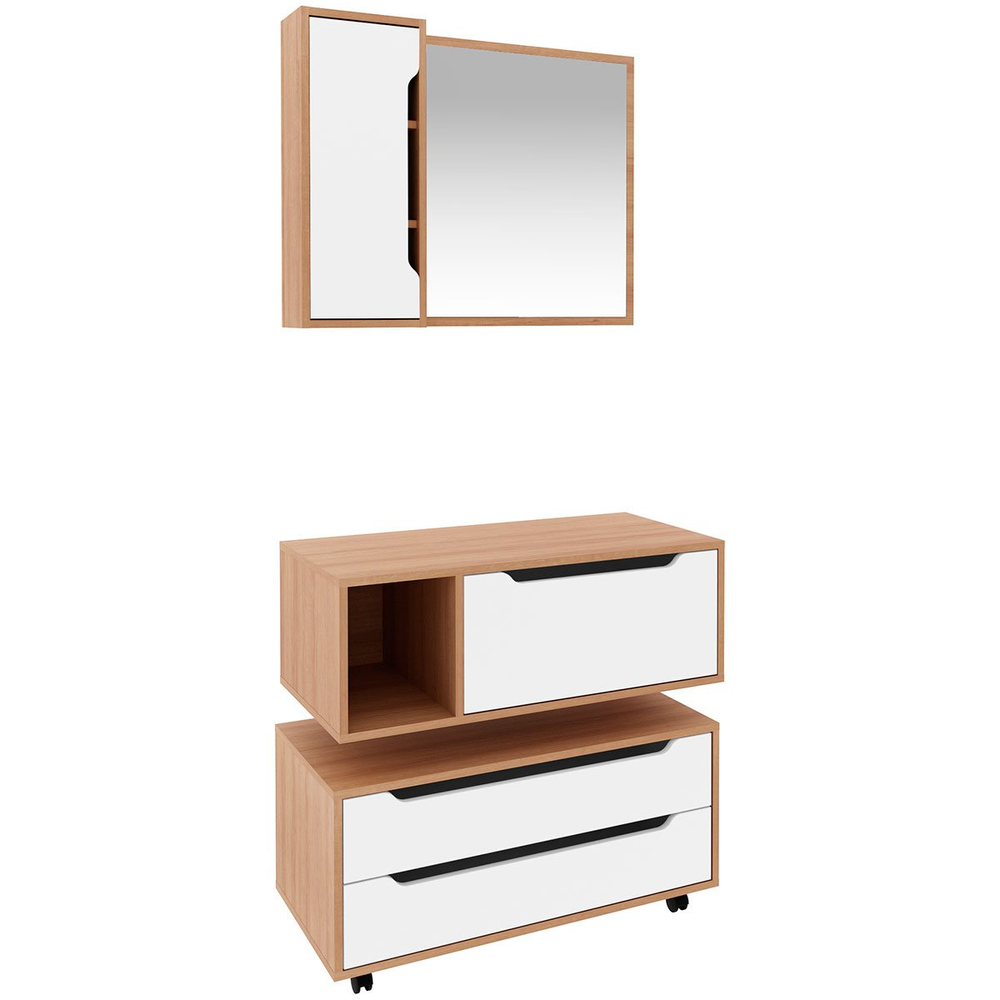Kit Gabinete Balcão e Espelheira de Banheiro 80 cm Karina Amêndoa/Branco Kit Gabinete Balcão e Espelheira de Banheiro 80 cm Karina Amêndoa/Branco