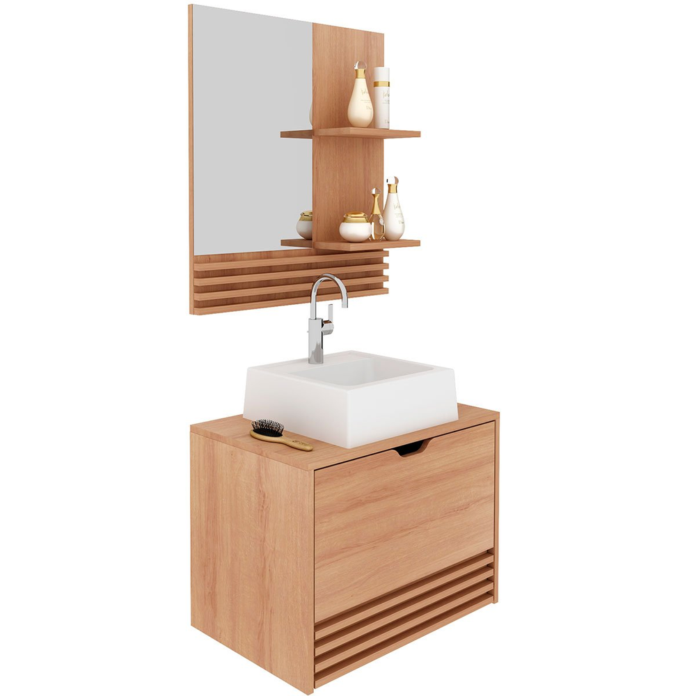 Kit Gabinete e Espelheira de Banheiro 60 cm com Cuba Sâmia Amêndoa Kit Gabinete e Espelheira de Banheiro 60 cm com Cuba Sâmia Amêndoa