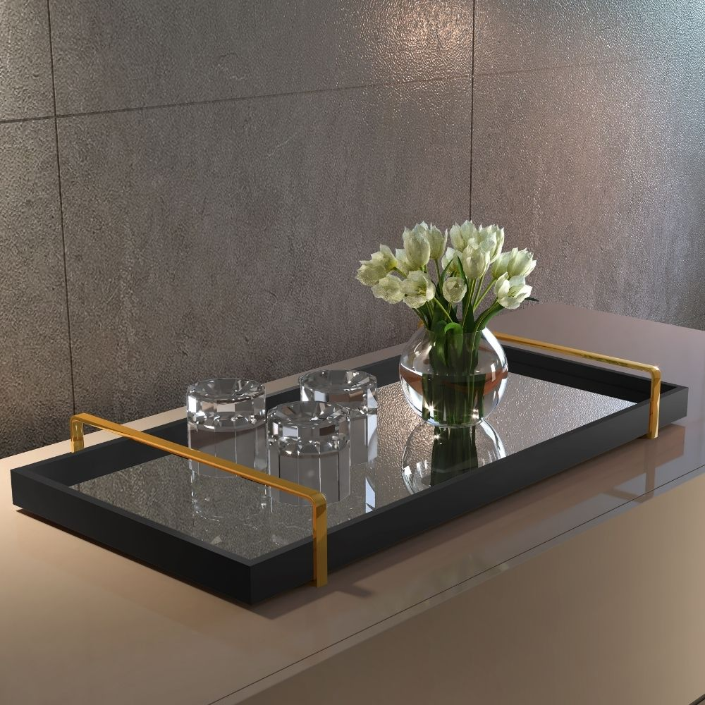 Bandeja Decorativa Espelhada Alça Dourada Larflex Preta Bandeja Decorativa Espelhada Alça Dourada Larflex Preta