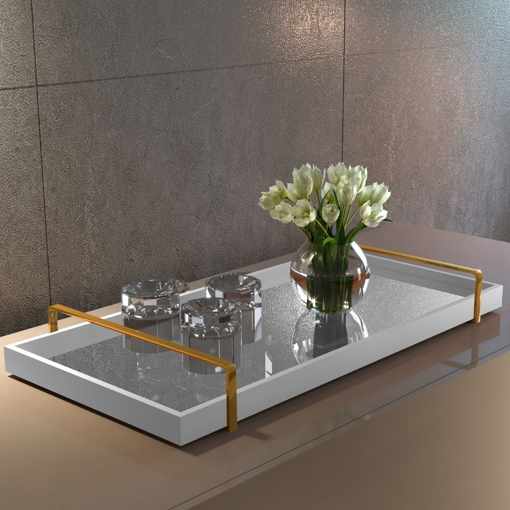Bandeja Decorativa Espelhada Alça Dourada Larflex Branca Bandeja Decorativa Espelhada Alça Dourada Larflex Branca