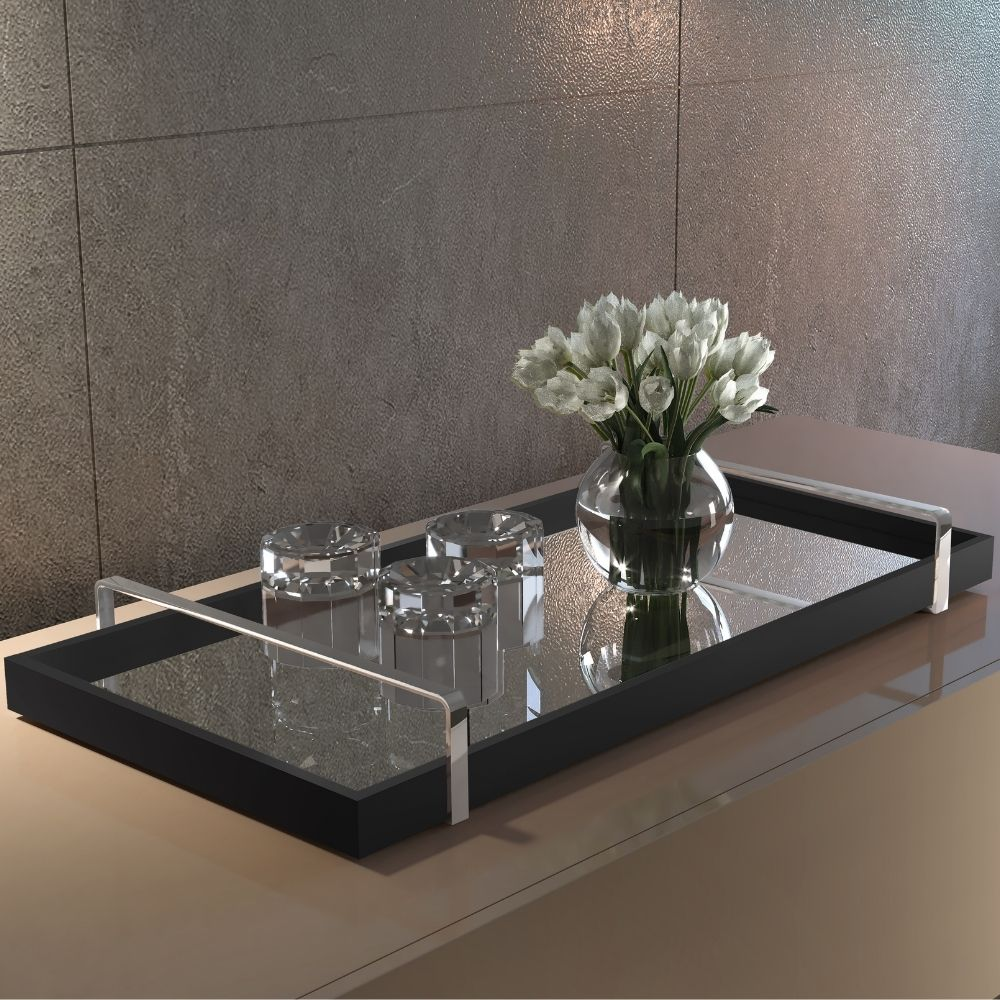 Bandeja Decorativa Espelhada Alça Cromada Larflex Preta Bandeja Decorativa Espelhada Alça Cromada Larflex Preta