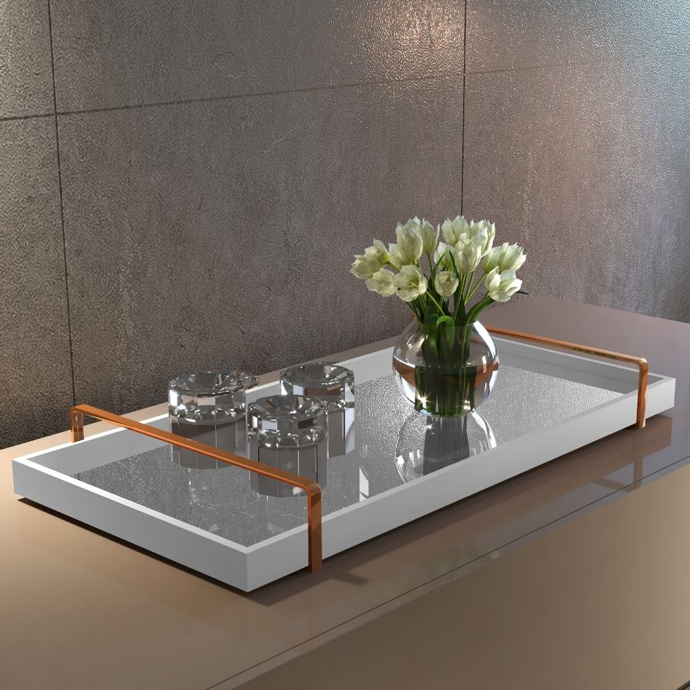Bandeja Decorativa Espelhada Alça Cobre Larflex Branca Bandeja Decorativa Espelhada Alça Cobre Larflex Branca