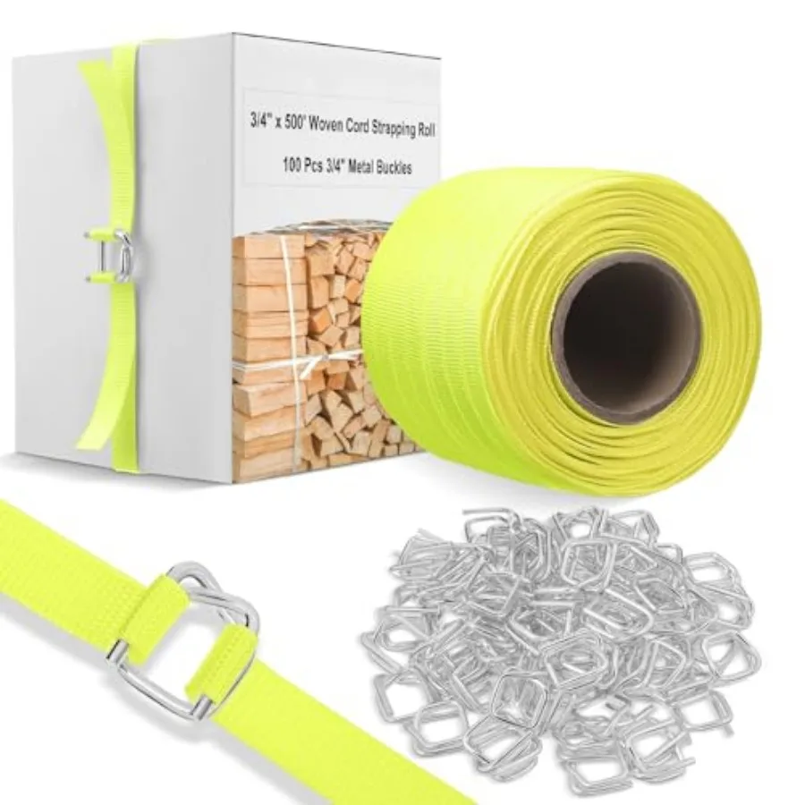 3/4" x 500' Woven Cord Strapping Kit, Woven Cord Banding Packaging Strapping Roll and 100 Pack Metal Wire Buckles, 2400 Lbs Bre 3/4" x 500' Woven Cord Strapping Kit, Woven Cord Banding Packaging Strapping Roll and 100 Pack Metal Wire Buckles, 2400 Lbs Bre
